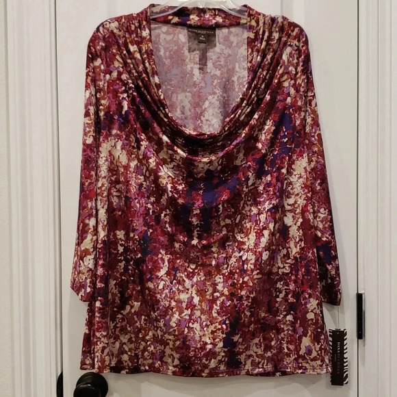 Dana Buchman 1X Womens Plus Size Blouse Drape Neck Abstract Print Pink Purple - Picture 3 of 12